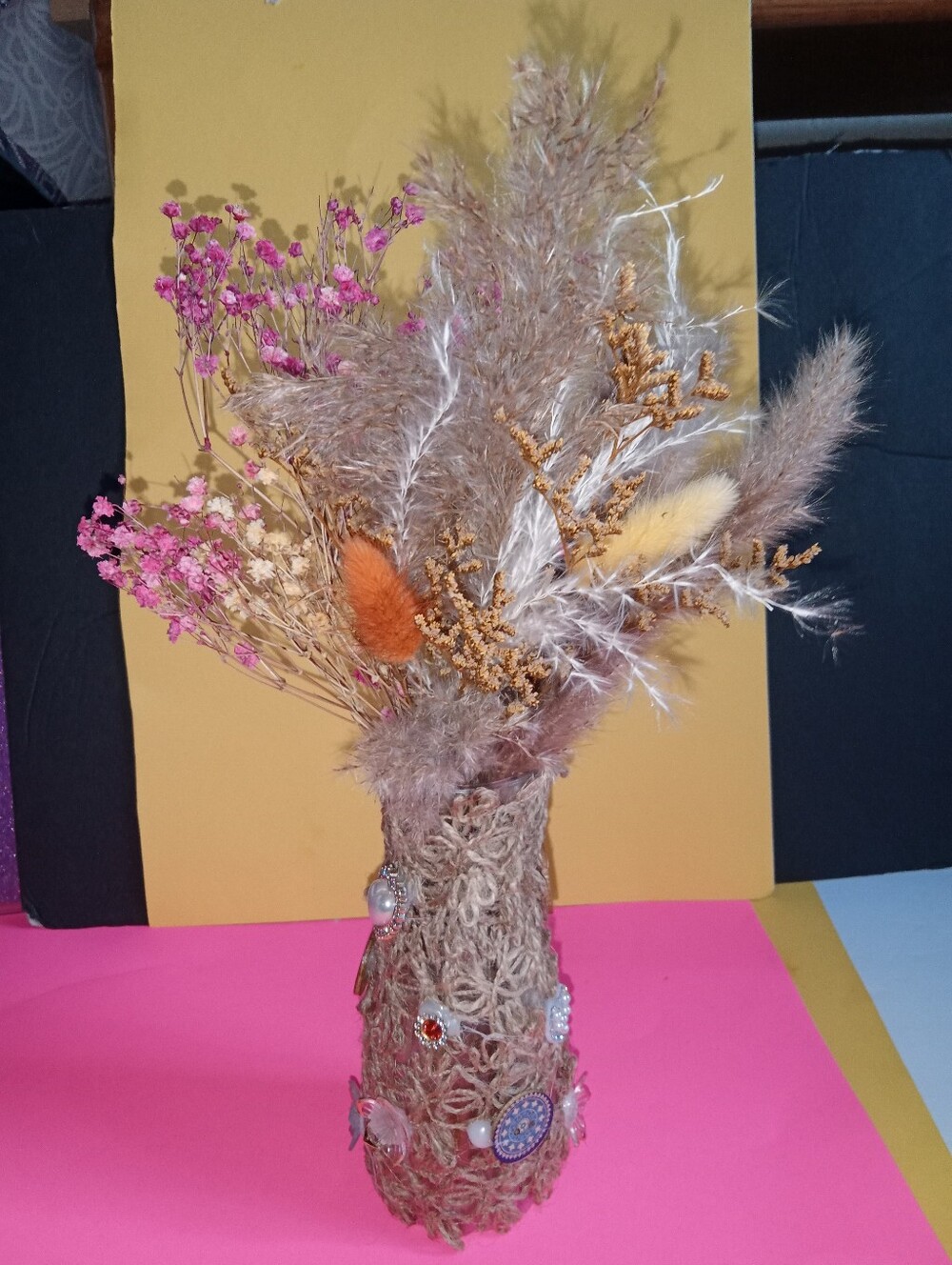 Boho Dried Floral Vase Arrangement in Pink, Orange, Cream & Brown